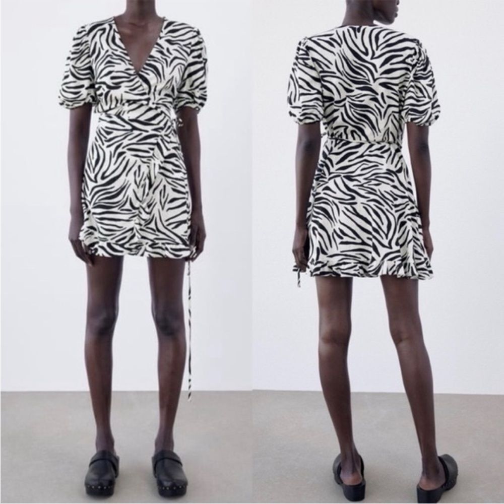 ZARA Wrap‎ Dress Animal Zebra Print Black & White xs